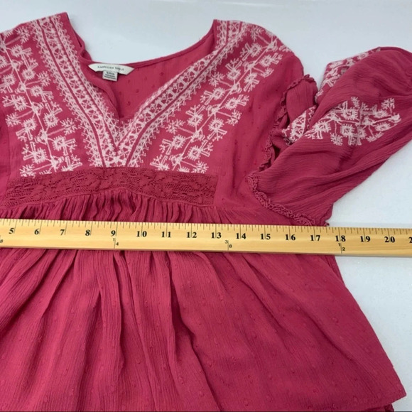 American Eagle Babydoll Top Small Pink Embroidered Crop Flowy Boho Fairy Gauzy - Picture 9 of 10
